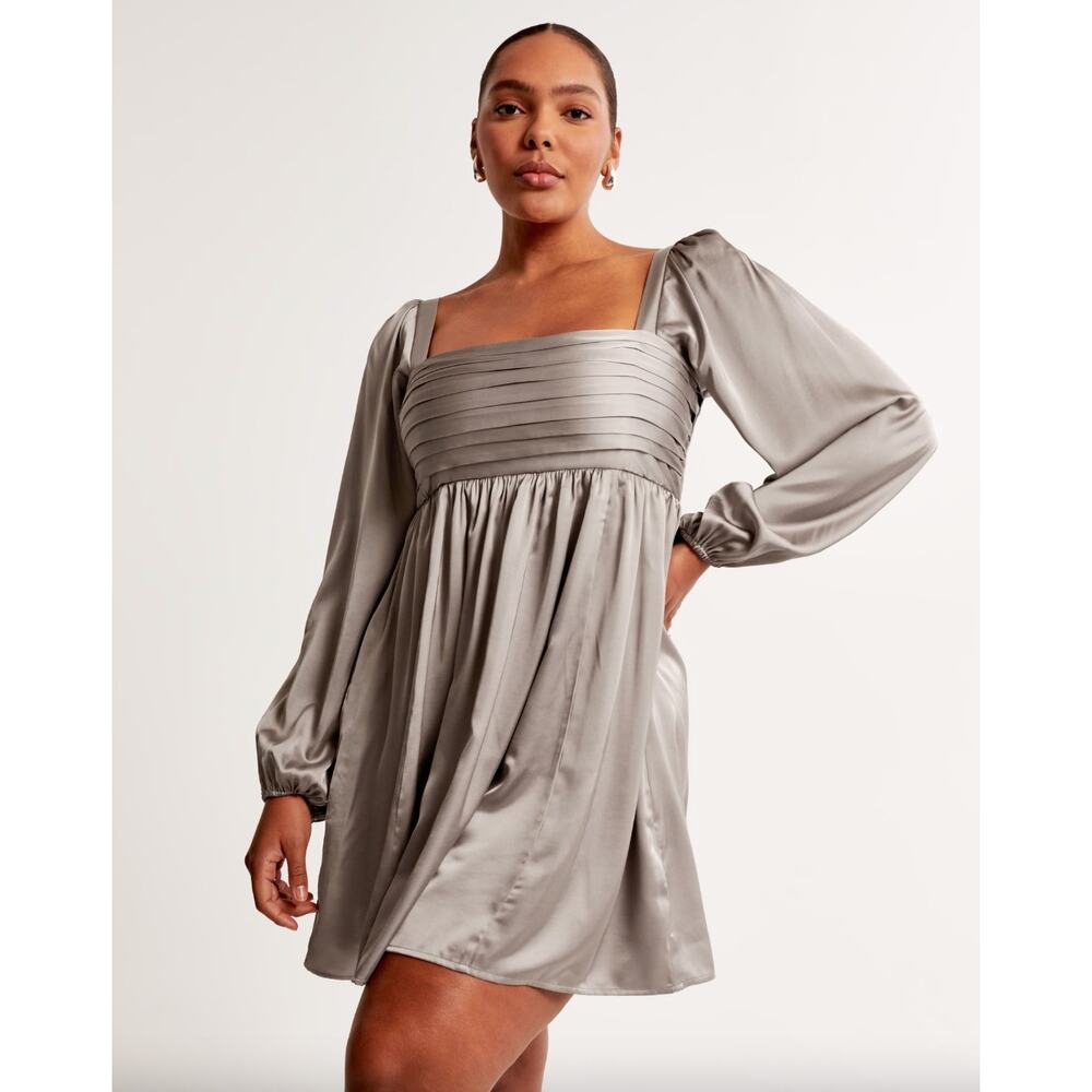 Abercrombie & Fitch Emerson Satin Long Sleeve Mini Dress Taupe XST Minimalist - Picture 3 of 10